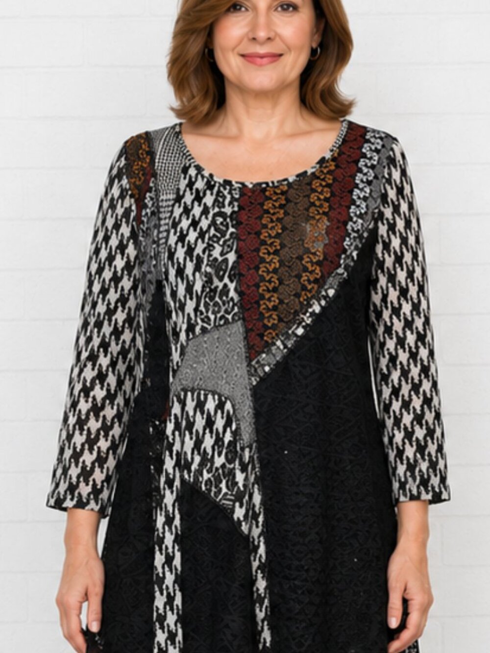 PARIS Large Houndstooth Check Tweed Black Lace Patchwork Boho Tunic Top